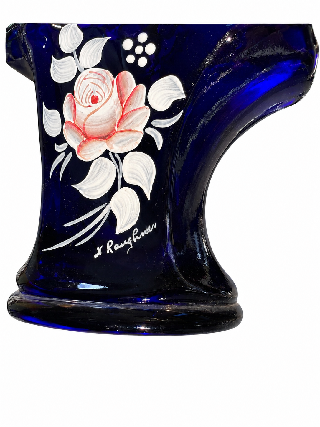 Vintage Signed N. Raughner Hand Painted Cobalt Blue Art Glass Basket Vase Murano Style
