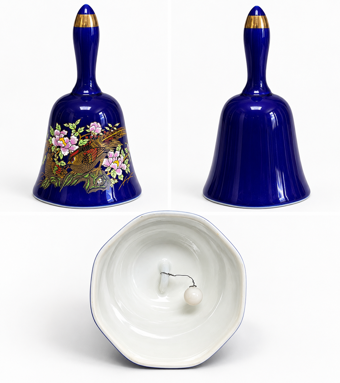 Vintage Cobalt Blue Porcelain Hand Bell with Bird & Floral Design Gold Accent Collectible