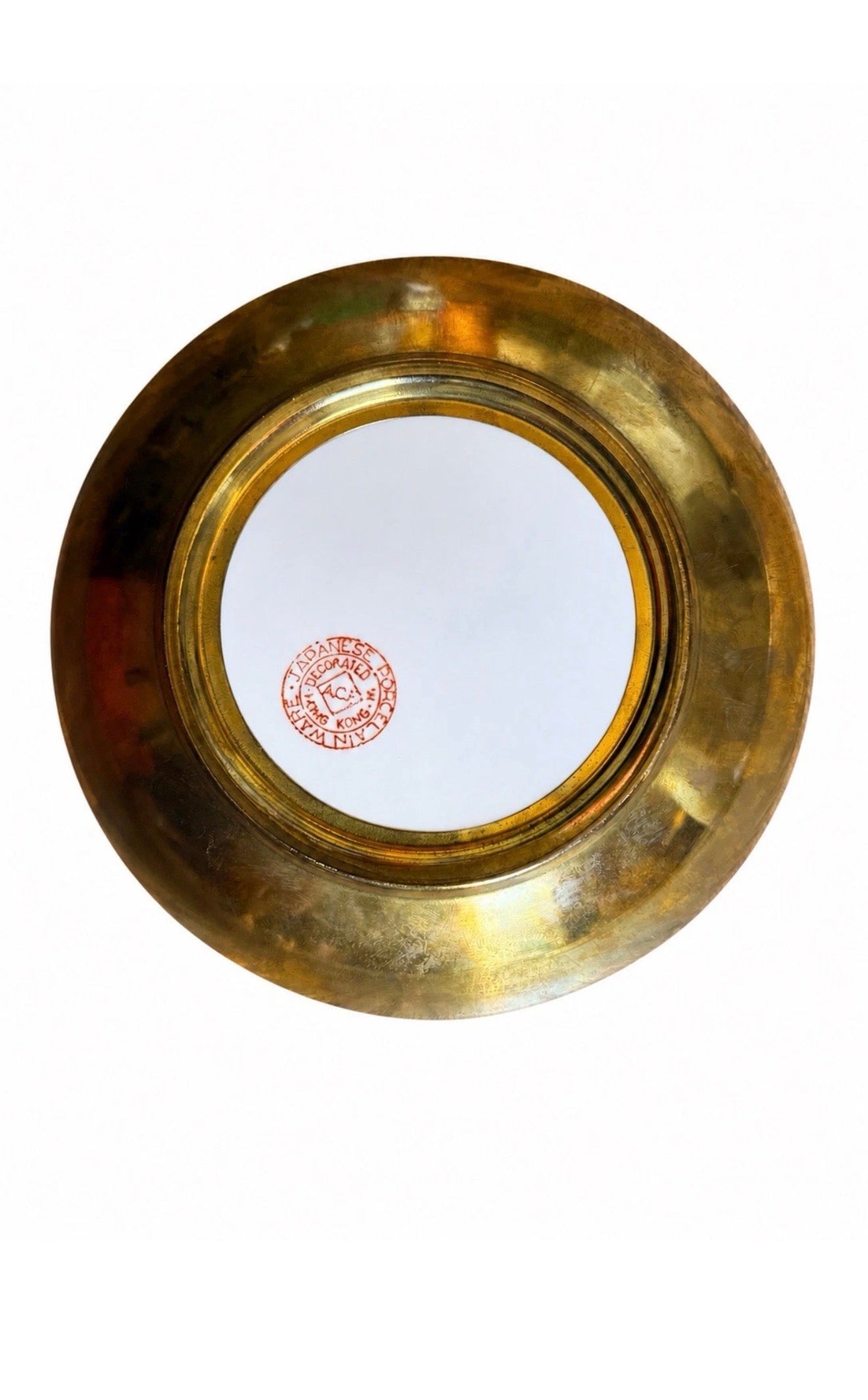 Vintage Japanese Decorative Porcelain Plate Set with Brass Rims – Crane & Floral Designs – Wall Display – Pair of 2