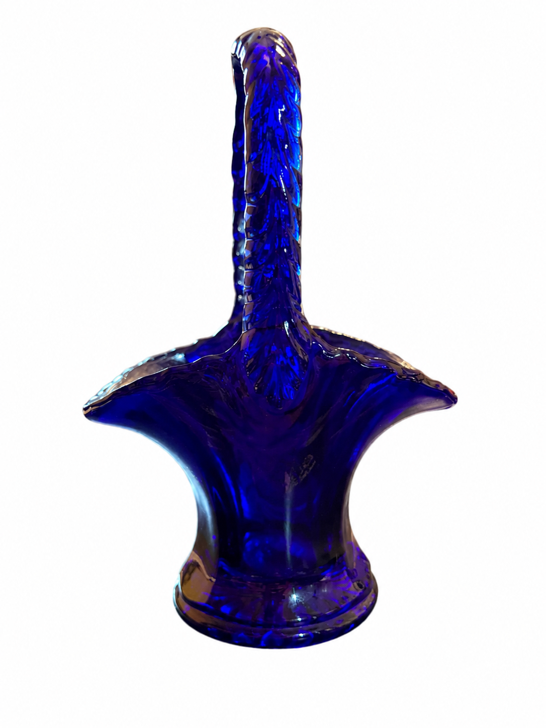 Vintage Signed N. Raughner Hand Painted Cobalt Blue Art Glass Basket Vase Murano Style