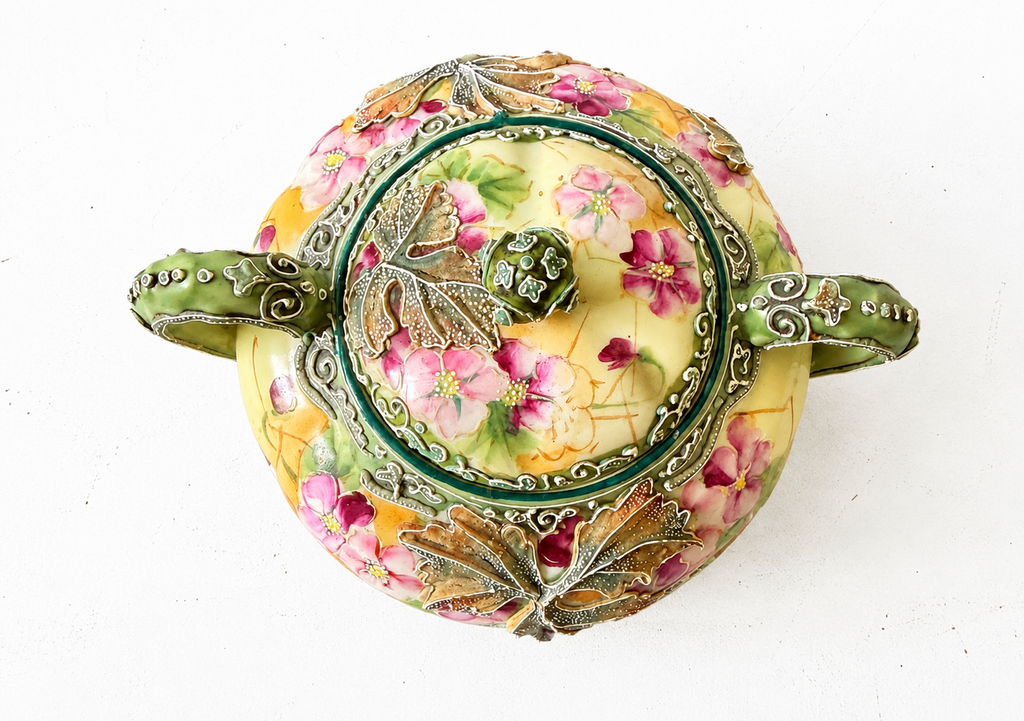 Antique Royal Moriye Nippon Creamer & Covered Sugar Bowl Set, Hand Painted Floral Moriage Relief, Japan 1891-1921