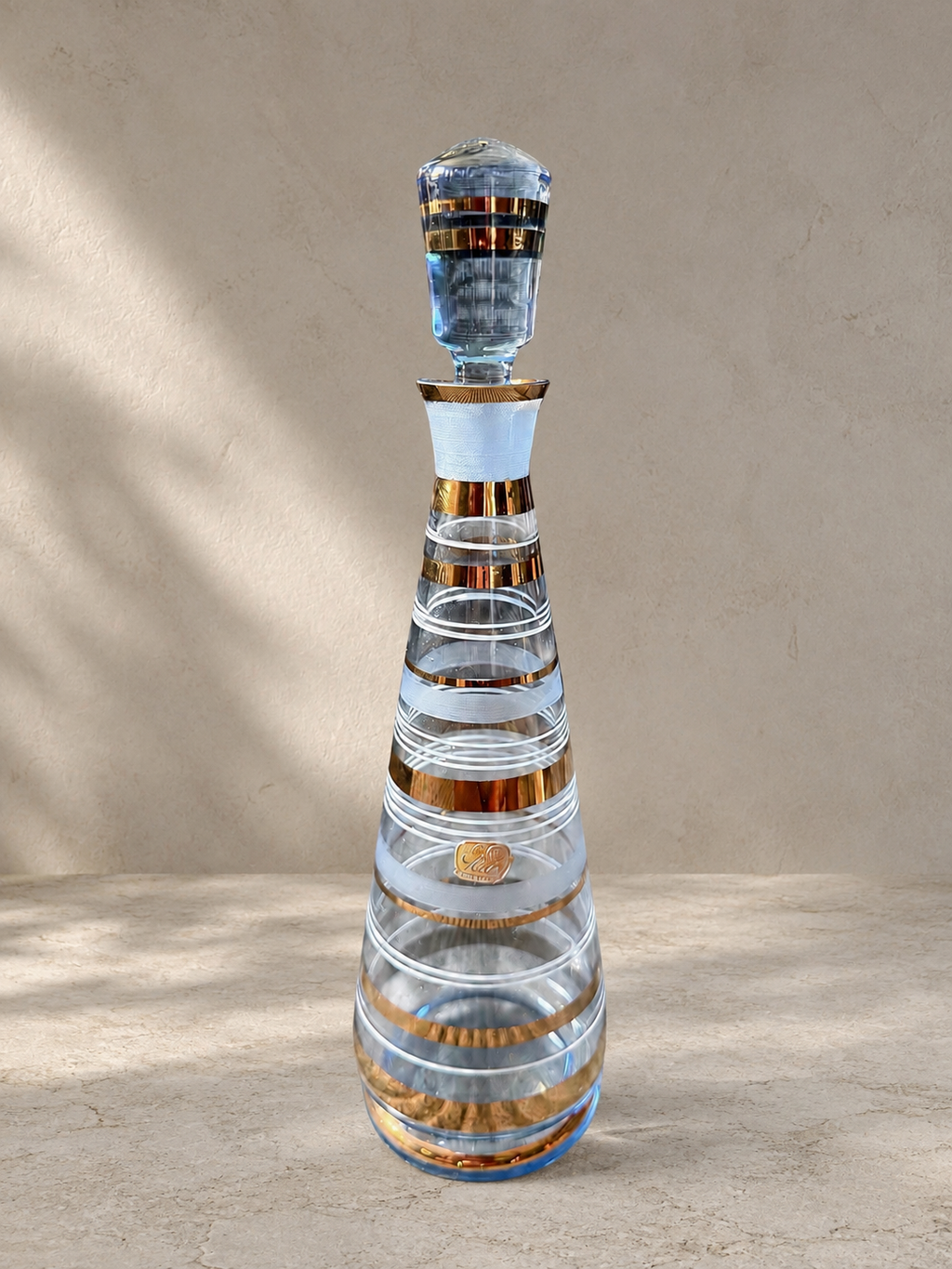 Vintage Czech Harrach Bohemia Blue Gold Striped Decanter Set