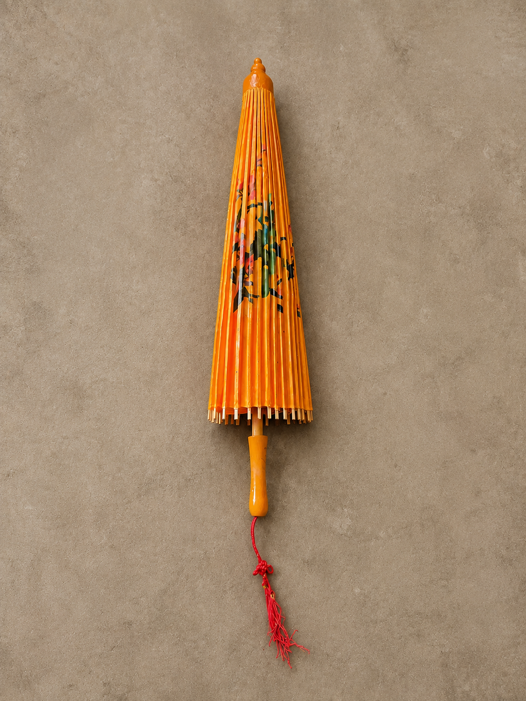 Vintage Yellow Oil-Paper Bamboo Parasol – Hand-Painted Floral Motif