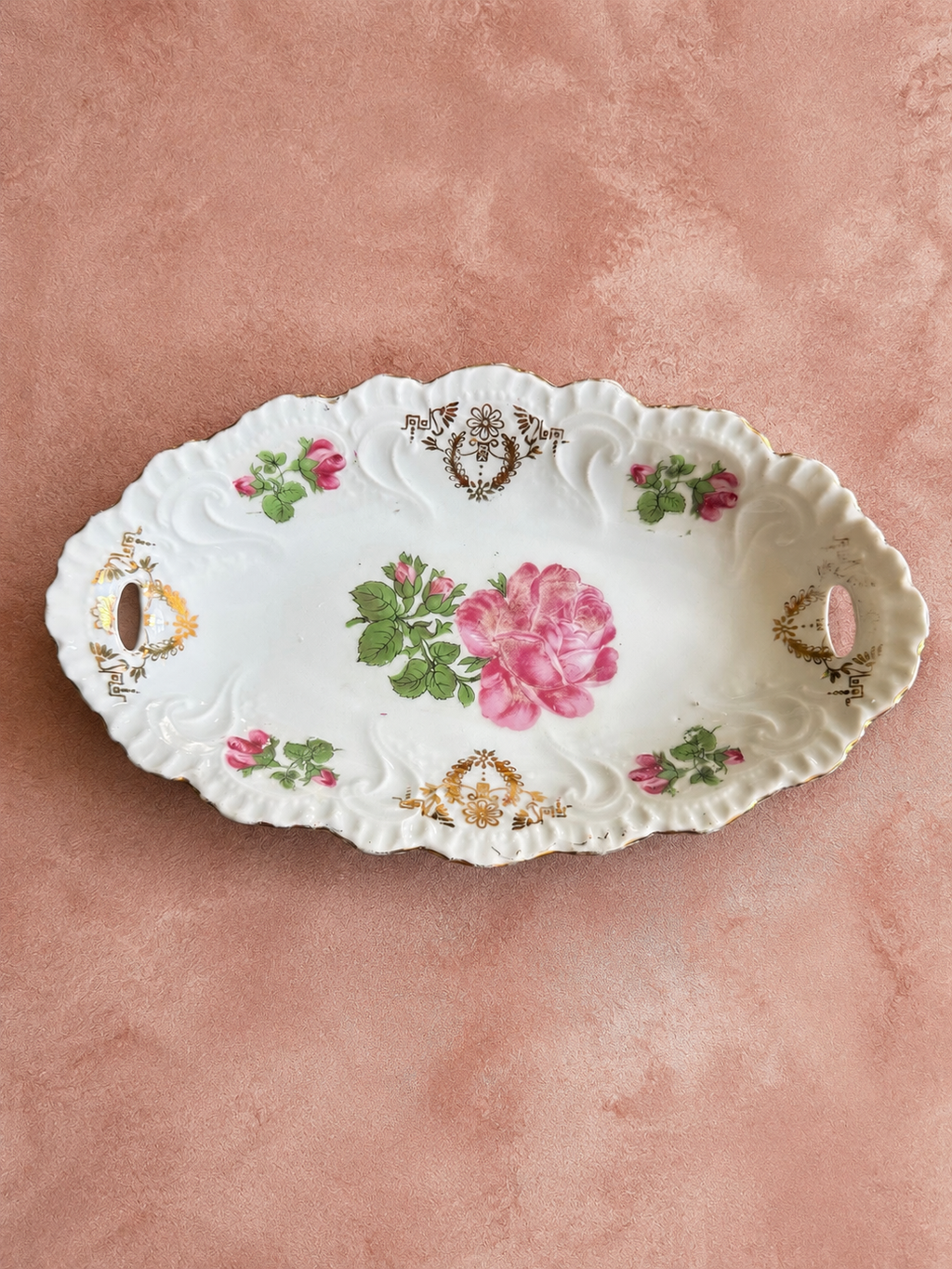 Antique Bavaria Porcelain Pink Rose Relish Dish 8” Handled Gold Trim Floral