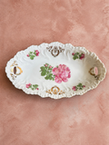Antique Bavaria Porcelain Pink Rose Relish Dish 8” Handled Gold Trim Floral