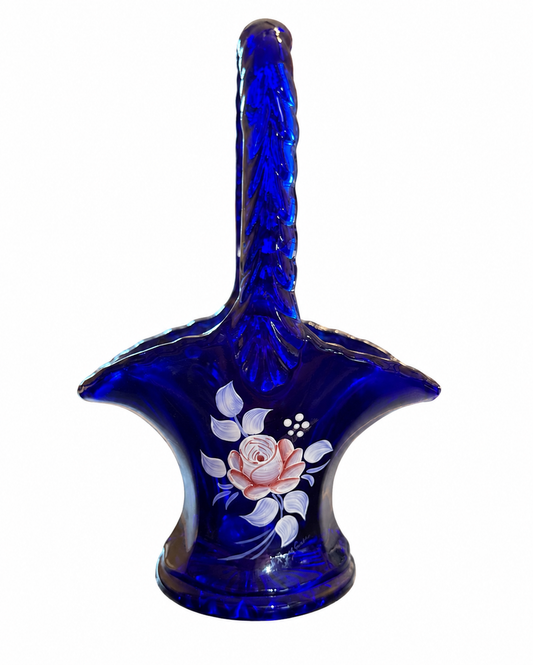 Vintage Signed N. Raughner Hand Painted Cobalt Blue Art Glass Basket Vase Murano Style