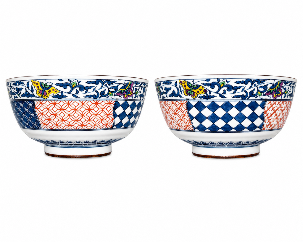 Vintage Japanese Imari Style Porcelain Rice Bowls Set of 2 – Hand Painted Floral & Geometric Pattern – Made in Japan