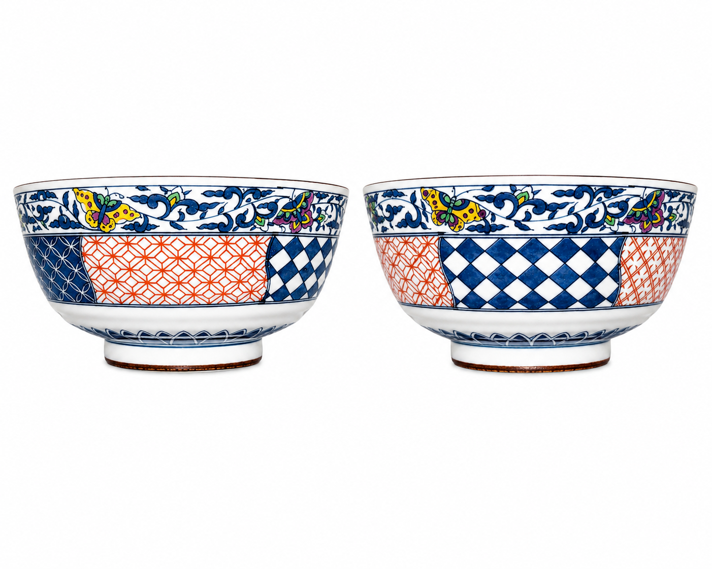Vintage Japanese Imari Style Porcelain Rice Bowls Set of 2 – Hand Painted Floral & Geometric Pattern – Made in Japan