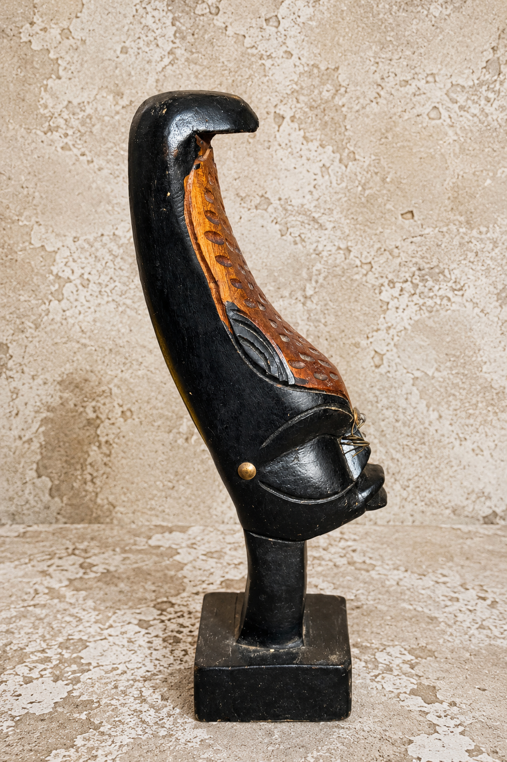 Vintage Hand-Carved Wood Face Sculpture – 11” Black & Brown Tribal-Inspired Figurine