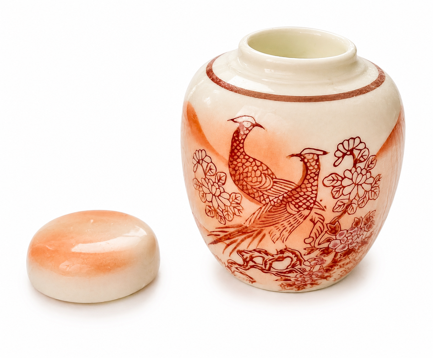 Vintage Asian-Inspired Porcelain Ginger Jar – Peach & Coral Floral Bird Design – Lidded Decorative Vase