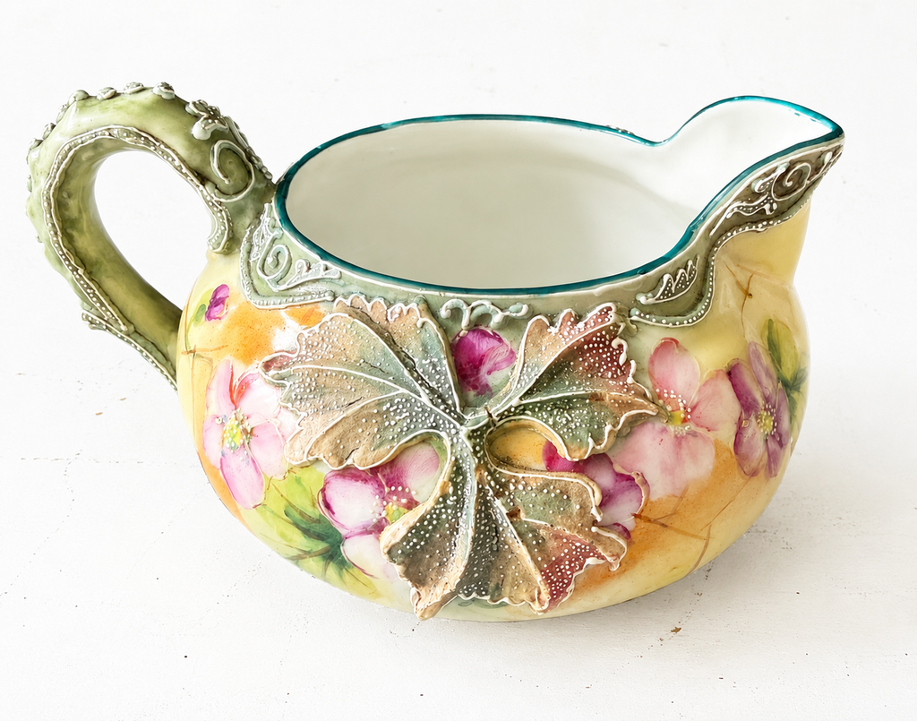 Antique Royal Moriye Nippon Creamer & Covered Sugar Bowl Set, Hand Painted Floral Moriage Relief, Japan 1891-1921