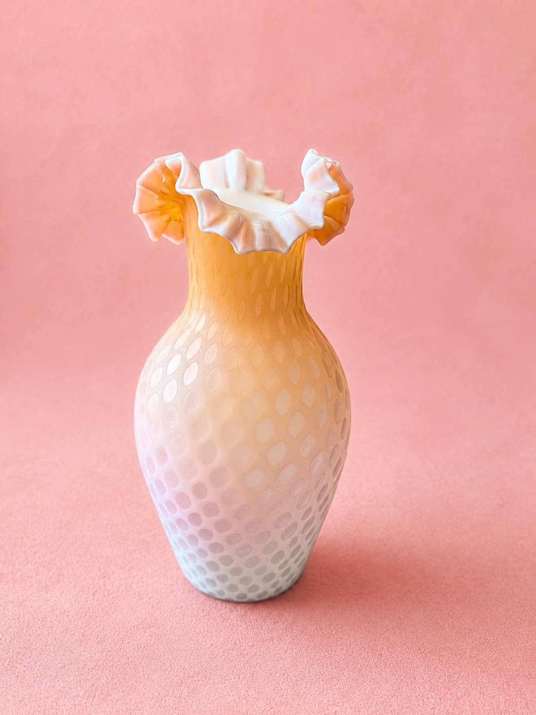 Vintage R. Satan Signed Art Glass Vase Pink White Ruffled Rim Hand Blown 10”