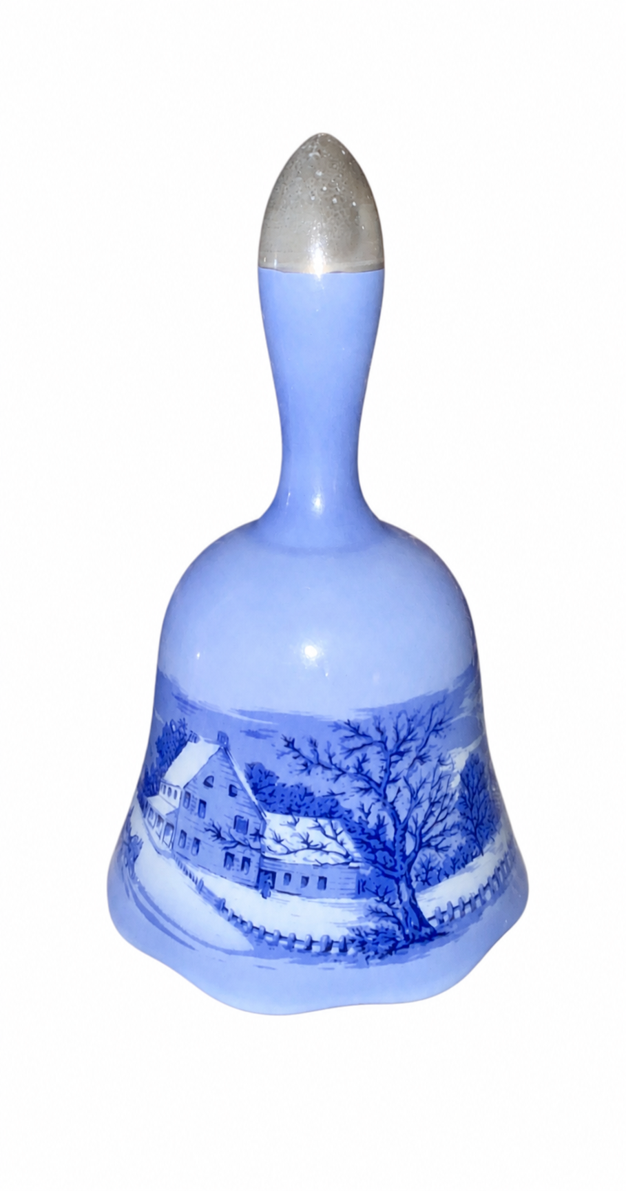 Vintage Blue & White Porcelain Winter Scene Bell Set of 2 Currier & Ives Style Decorative Bells