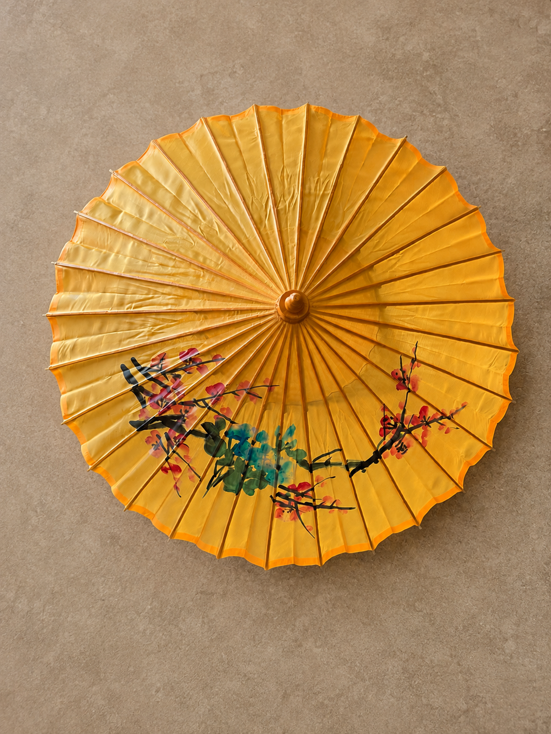 Vintage Yellow Oil-Paper Bamboo Parasol – Hand-Painted Floral Motif