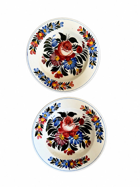Pair of Vintage Hand-Painted Czech Floral Bowls / Plates – Czechoslovakia Folk Art Set