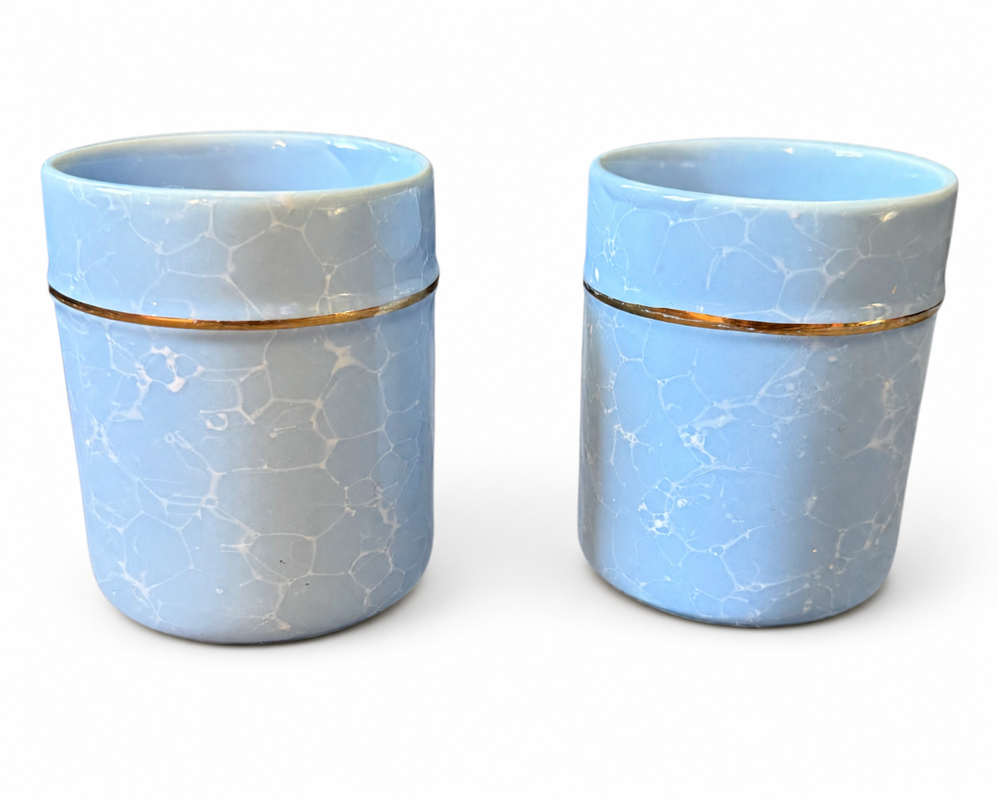 Vintage Blue Marbled Cup Set with Gold Trim – Set of 2