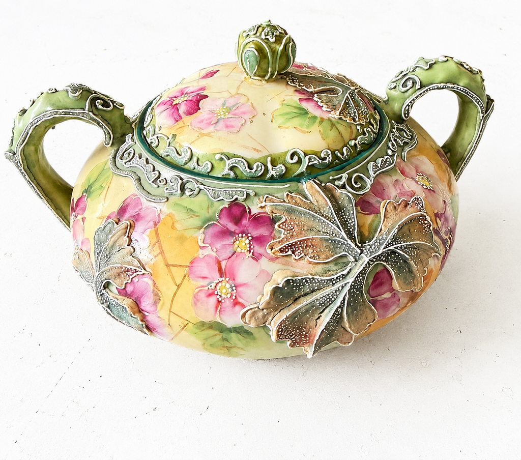 Antique Royal Moriye Nippon Creamer & Covered Sugar Bowl Set, Hand Painted Floral Moriage Relief, Japan 1891-1921