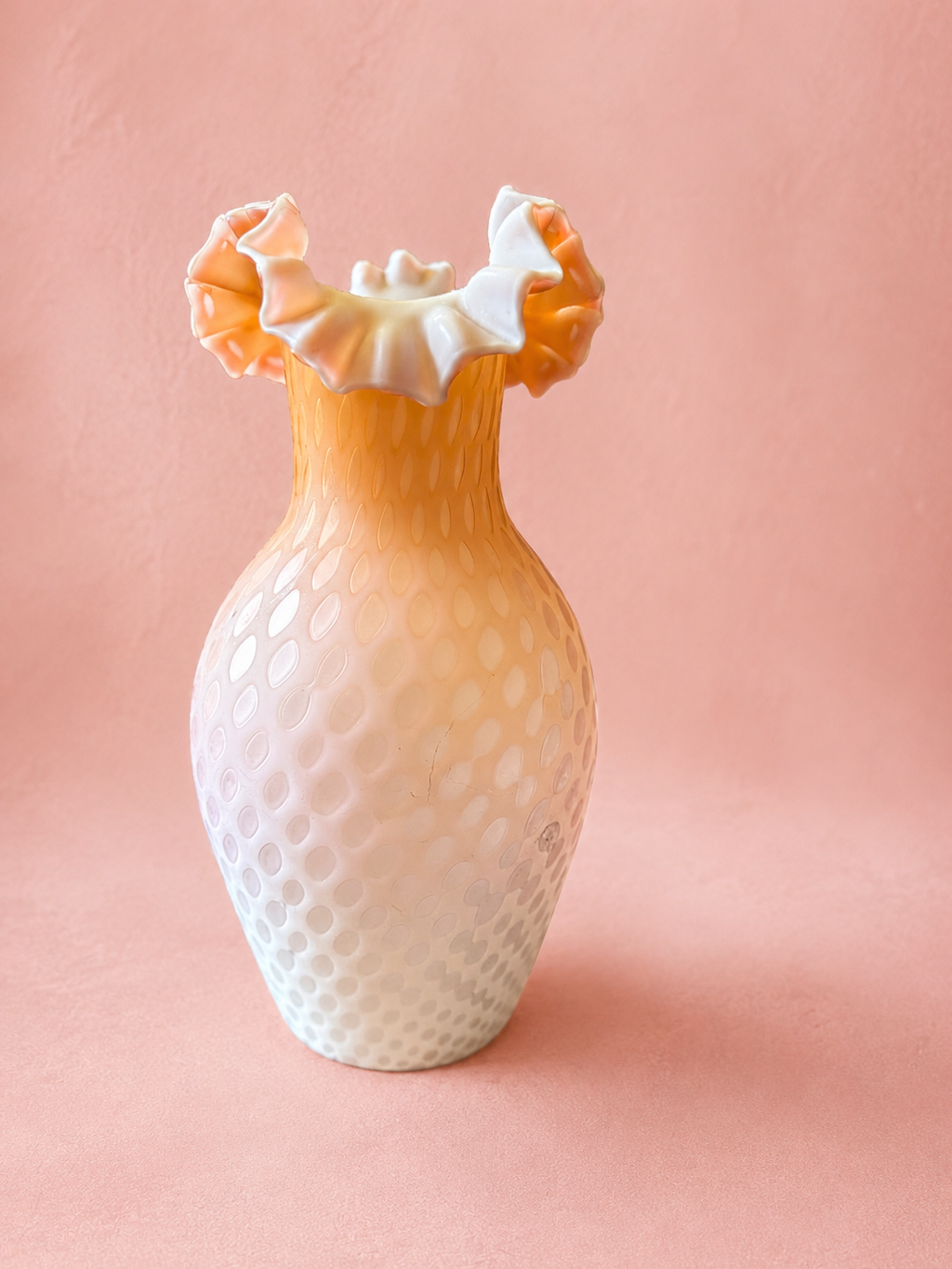 Vintage R. Satan Signed Art Glass Vase Pink White Ruffled Rim Hand Blown 10”