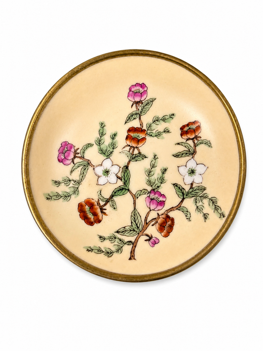 Vintage Japanese Porcelain Floral Trinket Dish in Brass Mount – Hand Decorated Hong Kong