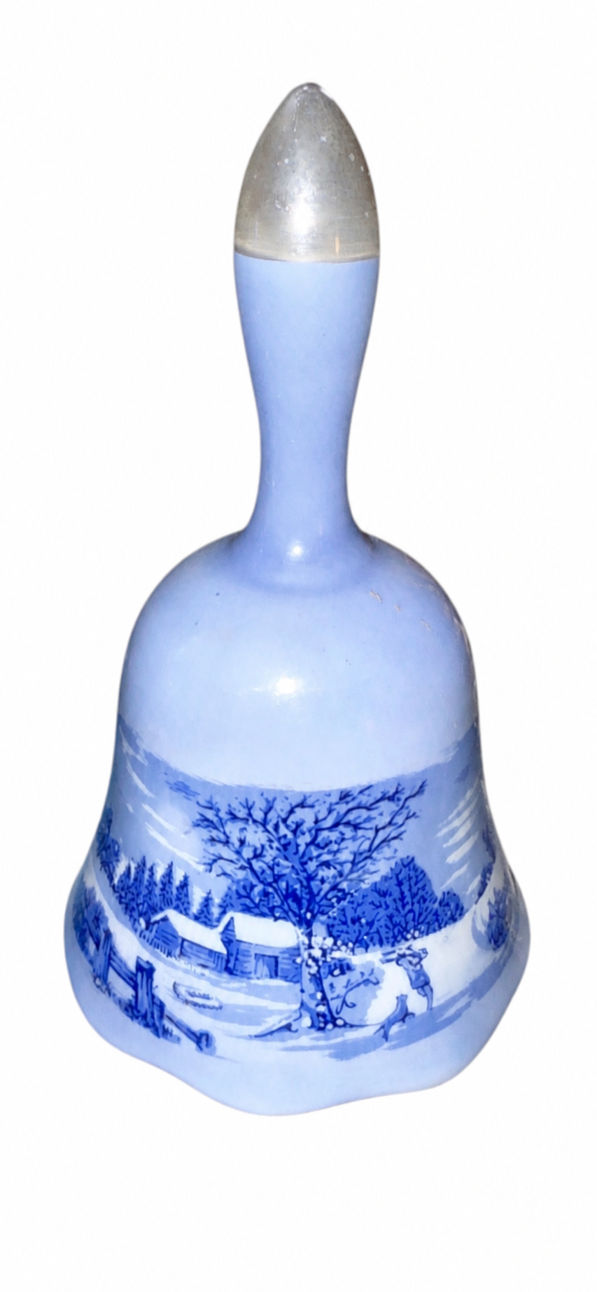 Vintage Blue & White Porcelain Winter Scene Bell Set of 2 Currier & Ives Style Decorative Bells