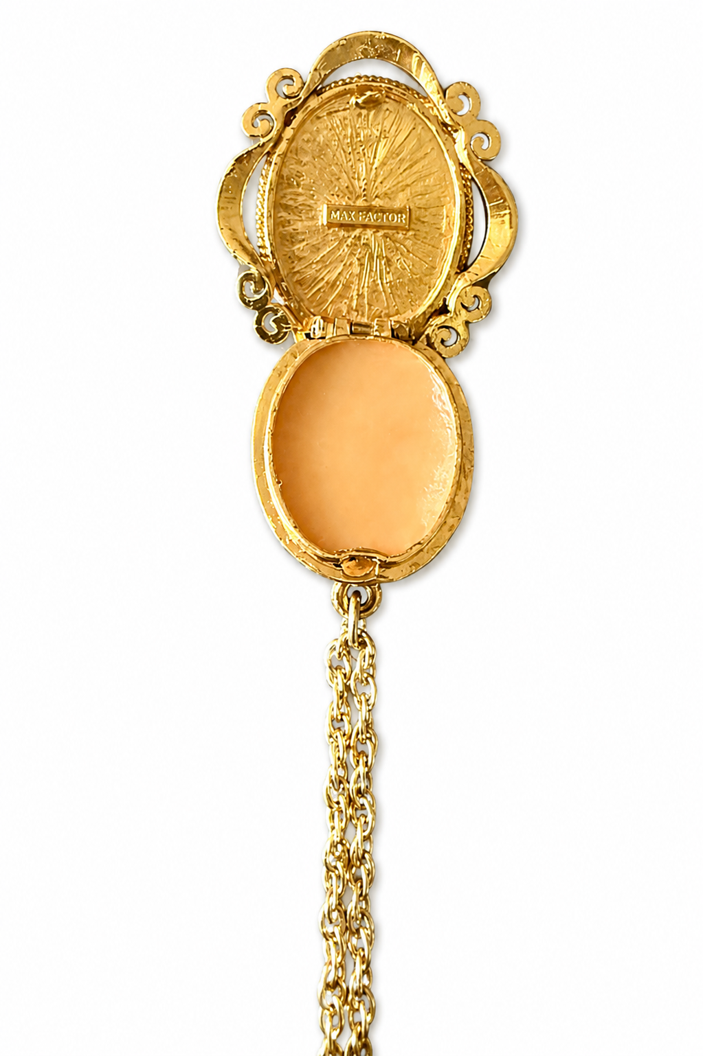 Vintage Max Factor Cameo Perfume Locket Necklace – Gold Tone Pendant