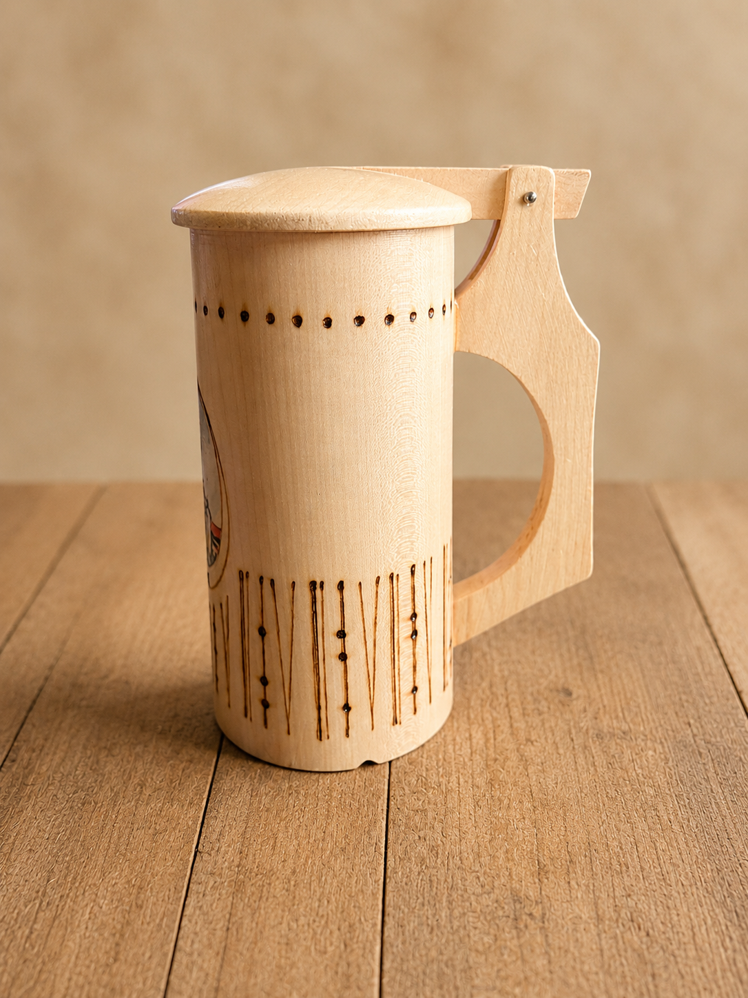 Vintage Czech Wooden Beer Stein – Hand-Painted Sušice Folk Art