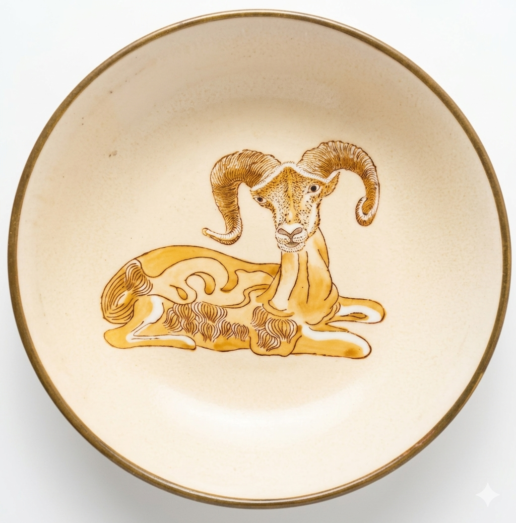 Vintage Nora Fenton Design Ram Decorative Porcelain Plate – Hand Decorated in Hong Kong – Mid-Century