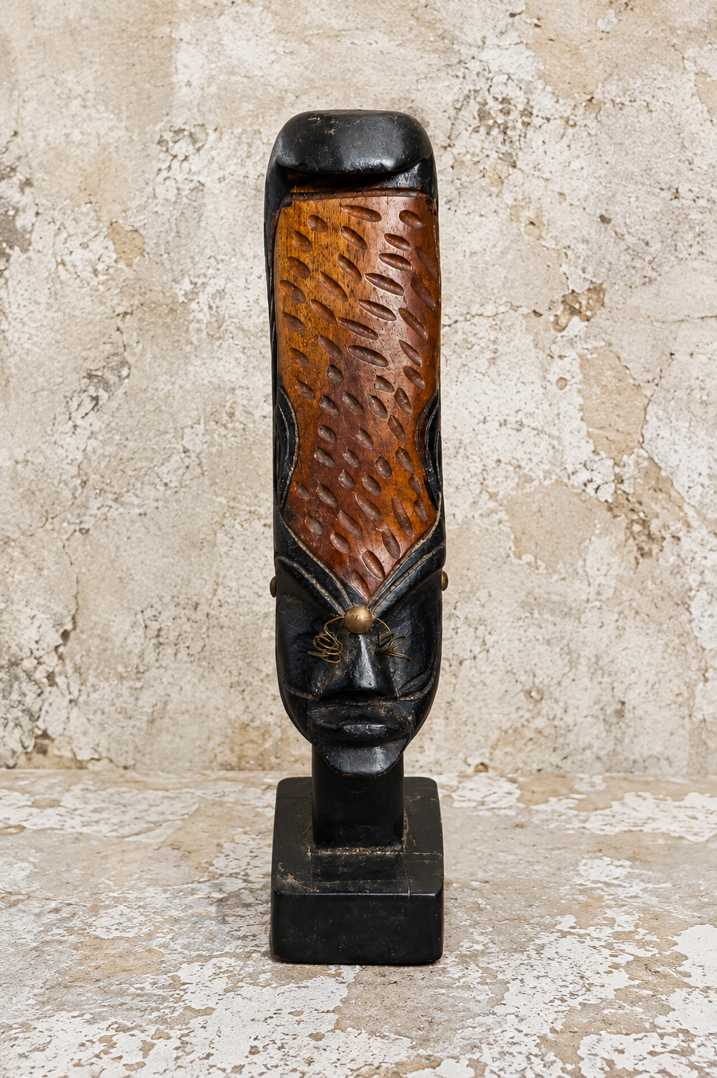 Vintage Hand-Carved Wood Face Sculpture – 11” Black & Brown Tribal-Inspired Figurine