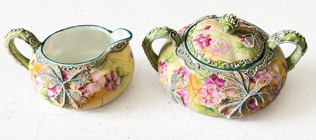Antique Royal Moriye Nippon Creamer & Covered Sugar Bowl Set, Hand Painted Floral Moriage Relief, Japan 1891-1921