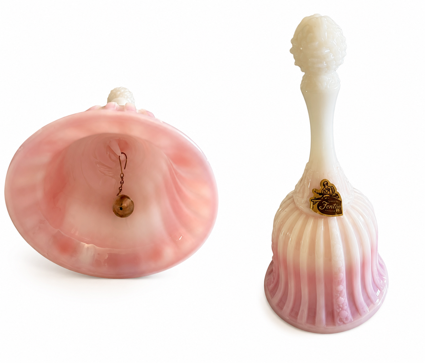 Vintage Fenton Pink Crest Milk Glass Bell with Cherub Handle