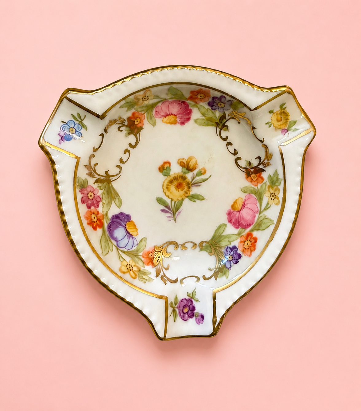 Vintage Schumann Arzberg Germany Dresden Line 3" Porcelain Ashtray Trifold Floral Gold Gilt