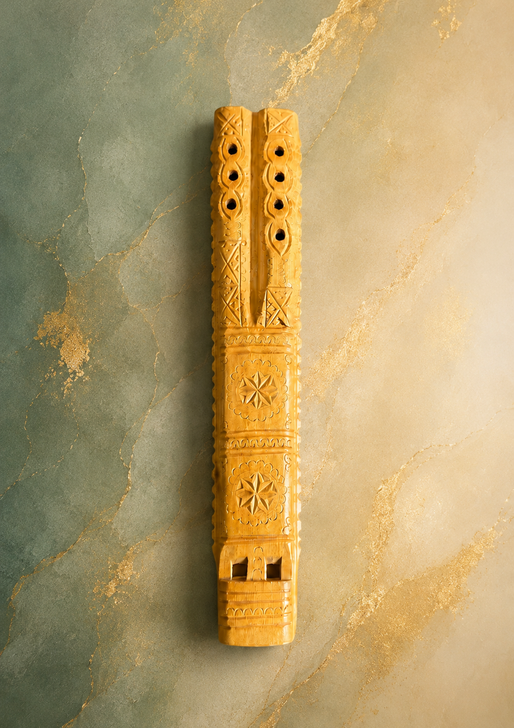 Vintage Balkan Dvojnice Hand-Carved Wooden Double Flute Folk Instrument