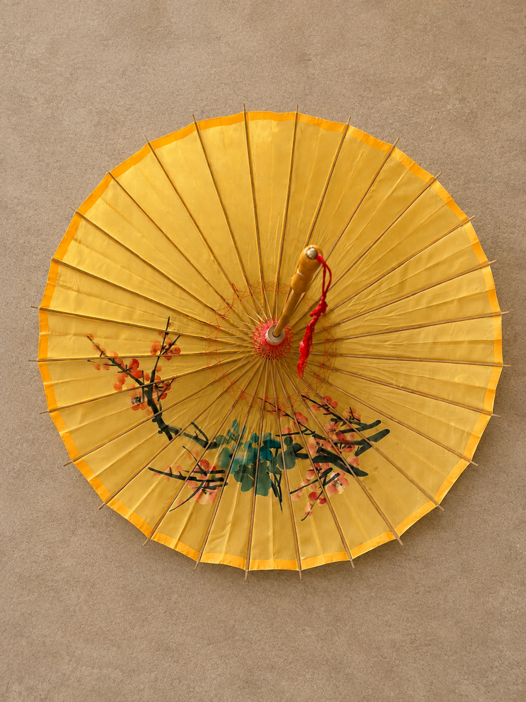 Vintage Yellow Oil-Paper Bamboo Parasol – Hand-Painted Floral Motif