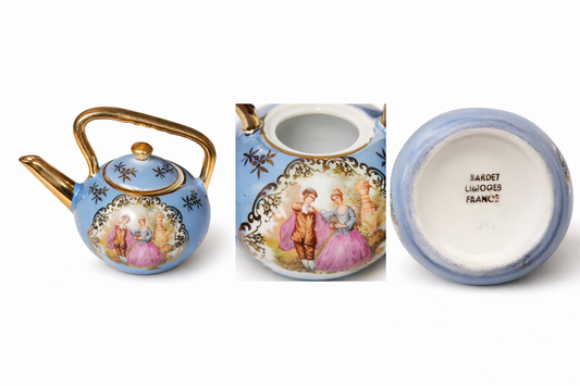 Vintage Baroque Limoges France Miniature Porcelain Teapot Trinket Box Blue & Gold Romantic Scene