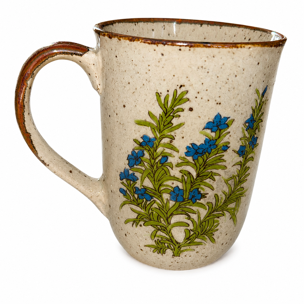 Vintage Speckled Stoneware Coffee Mug with Blue Wildflowers – Rustic Floral Ceramic Cup