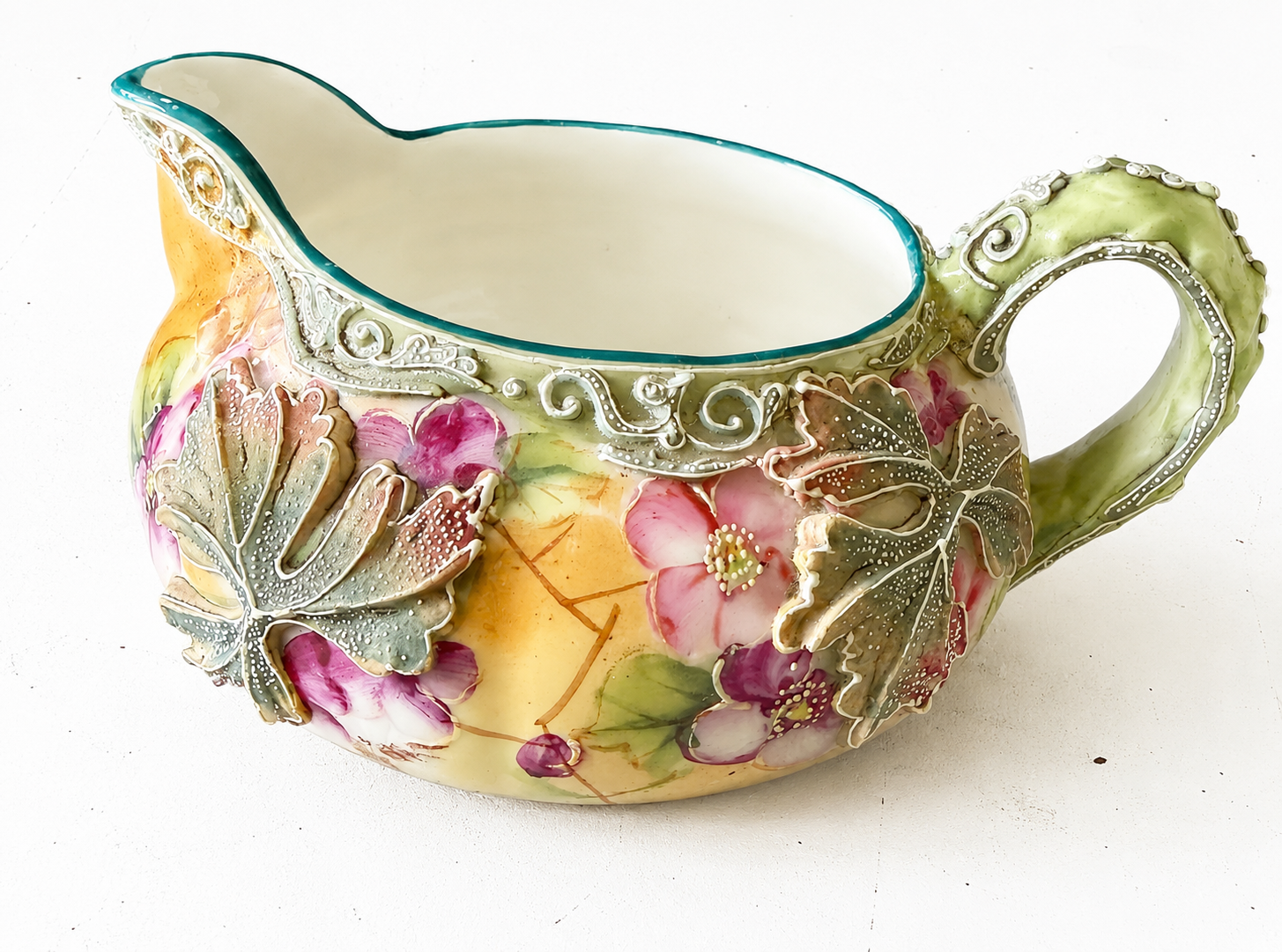 Antique Royal Moriye Nippon Creamer & Covered Sugar Bowl Set, Hand Painted Floral Moriage Relief, Japan 1891-1921