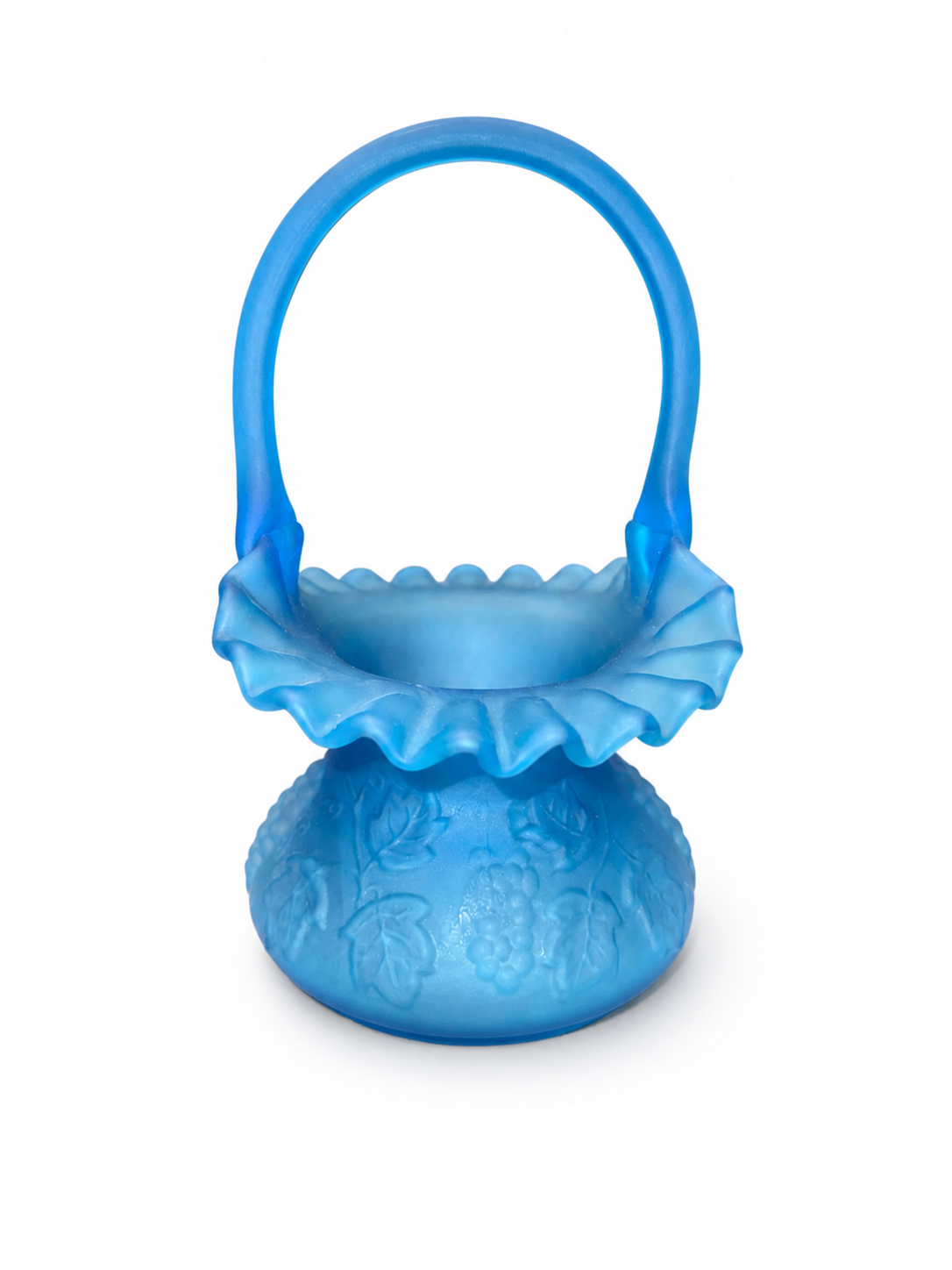 Vintage Blue Satin Glass Basket / Fenton-Style Ruffled Handled Candy Dish Vase