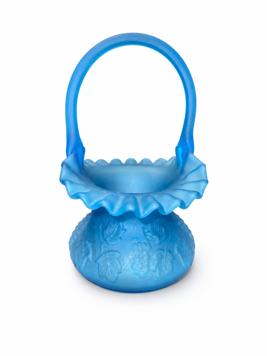 Vintage Blue Satin Glass Basket / Fenton-Style Ruffled Handled Candy Dish Vase