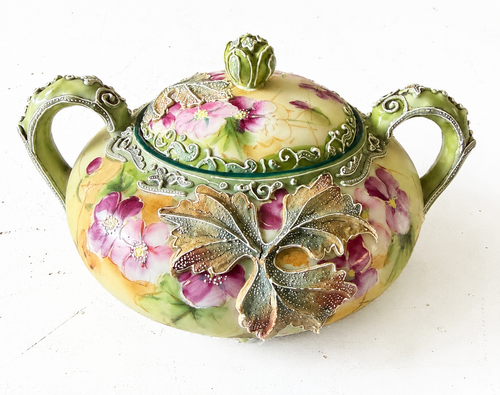 Antique Royal Moriye Nippon Creamer & Covered Sugar Bowl Set, Hand Painted Floral Moriage Relief, Japan 1891-1921