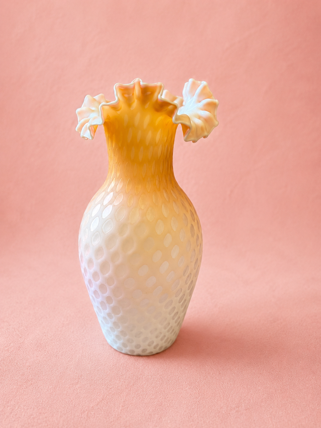 Vintage R. Satan Signed Art Glass Vase Pink White Ruffled Rim Hand Blown 10”