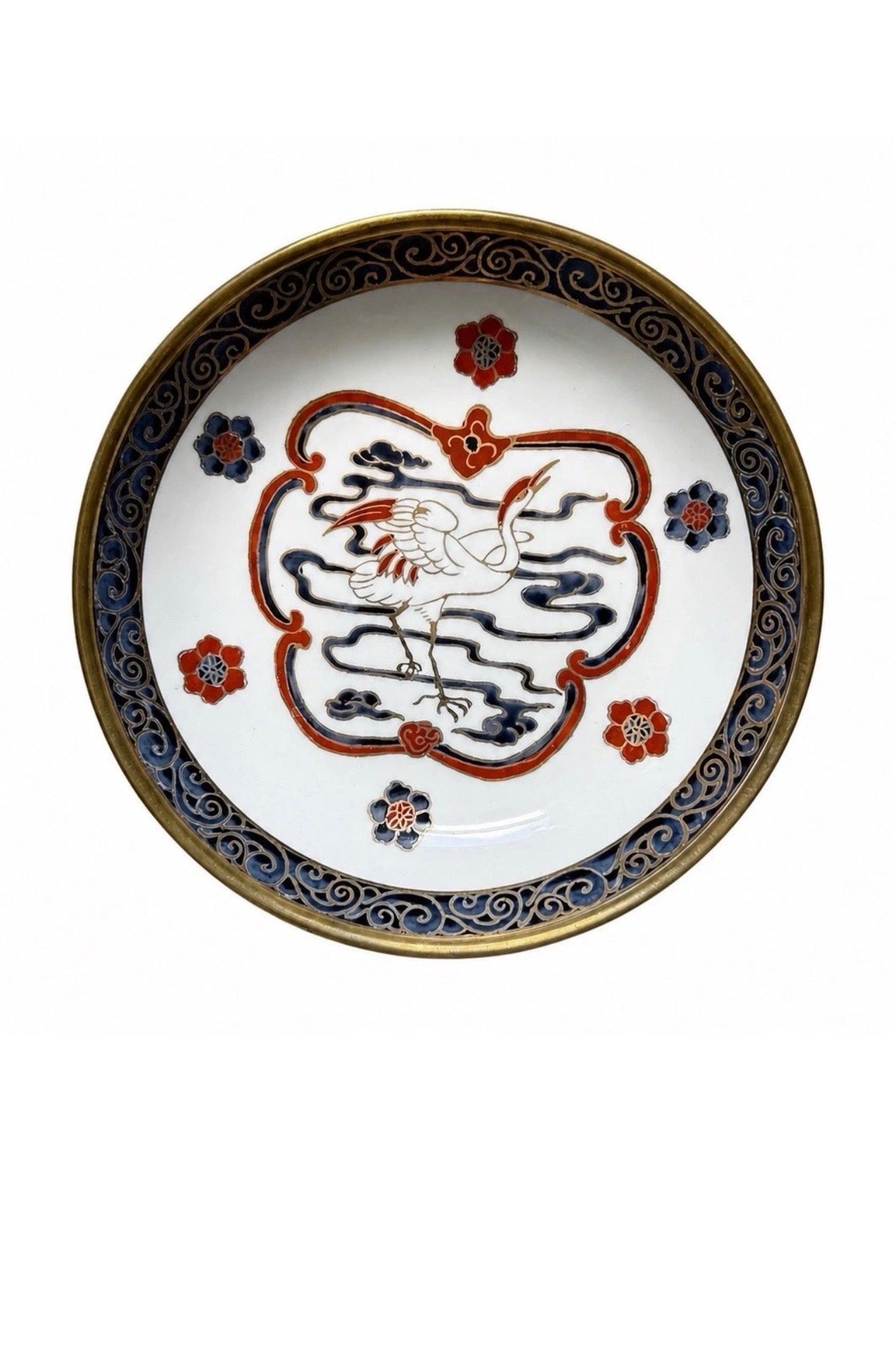 Vintage Japanese Decorative Porcelain Plate Set with Brass Rims – Crane & Floral Designs – Wall Display – Pair of 2