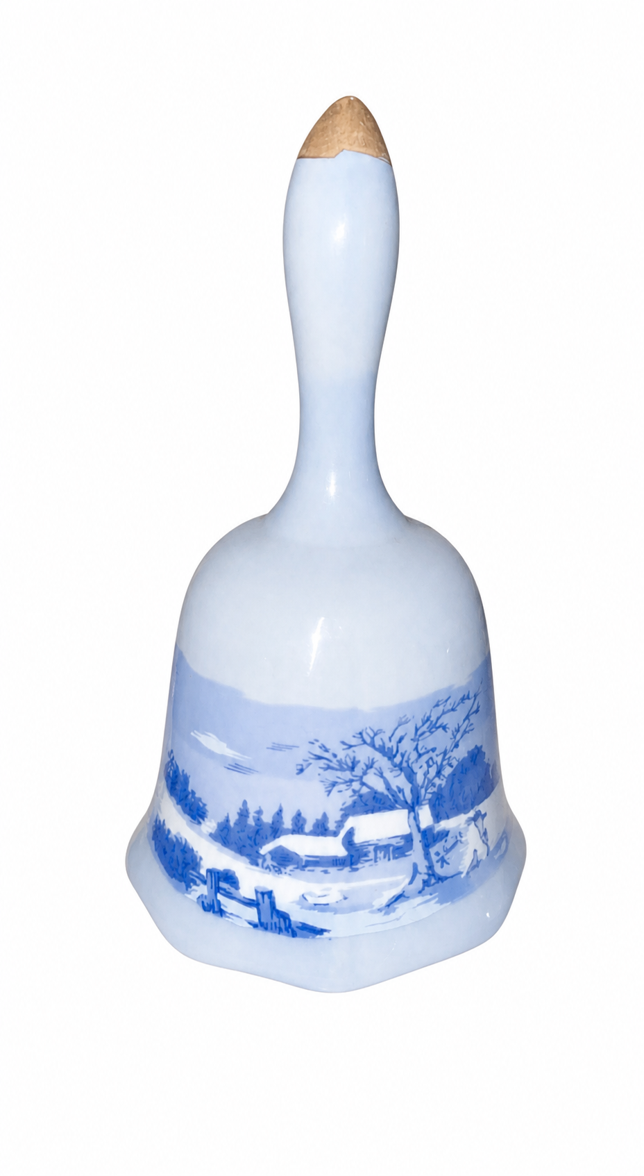 Vintage Blue & White Porcelain Winter Scene Bell Set of 2 Currier & Ives Style Decorative Bells