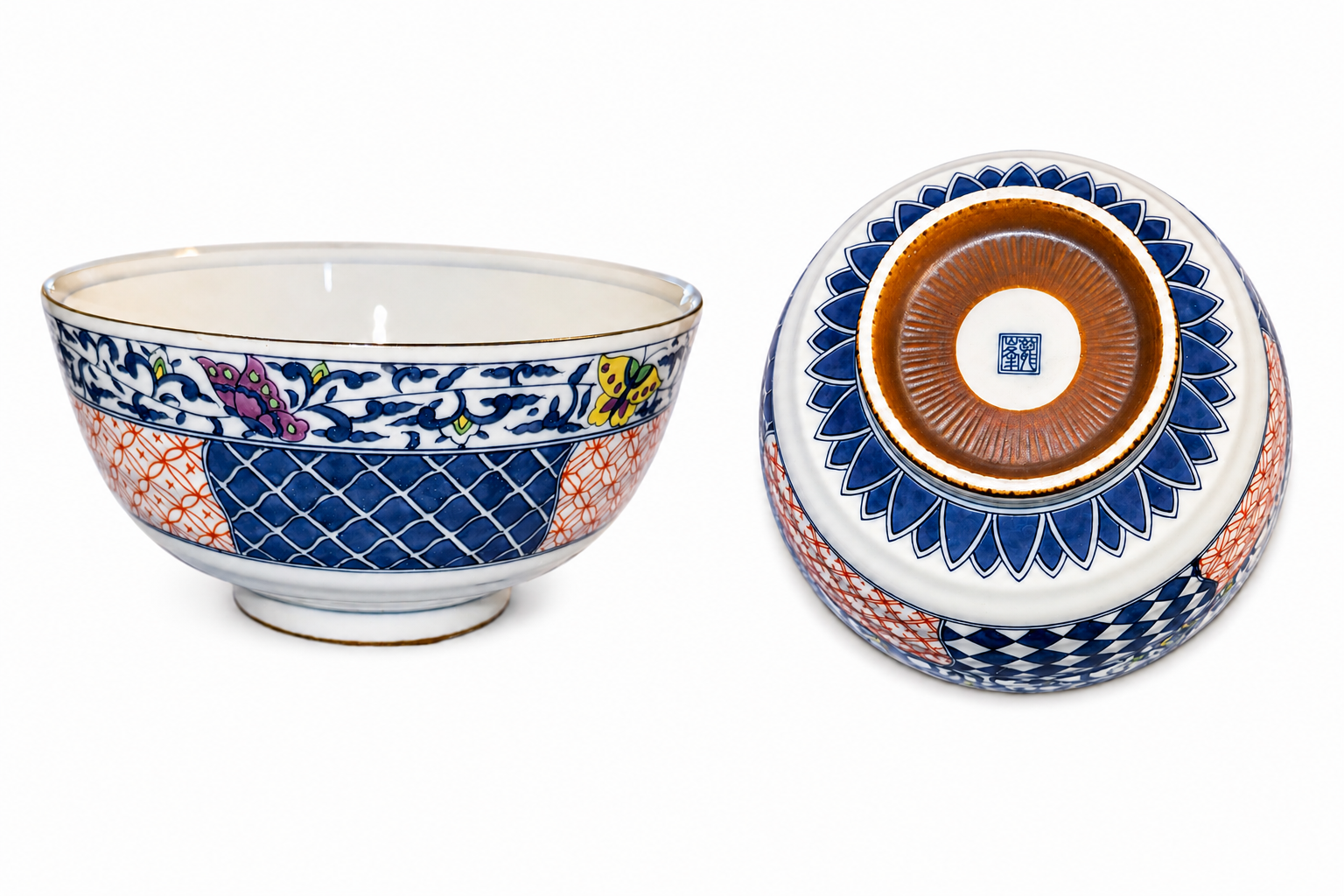 Vintage Japanese Imari Style Porcelain Rice Bowls Set of 2 – Hand Painted Floral & Geometric Pattern – Made in Japan