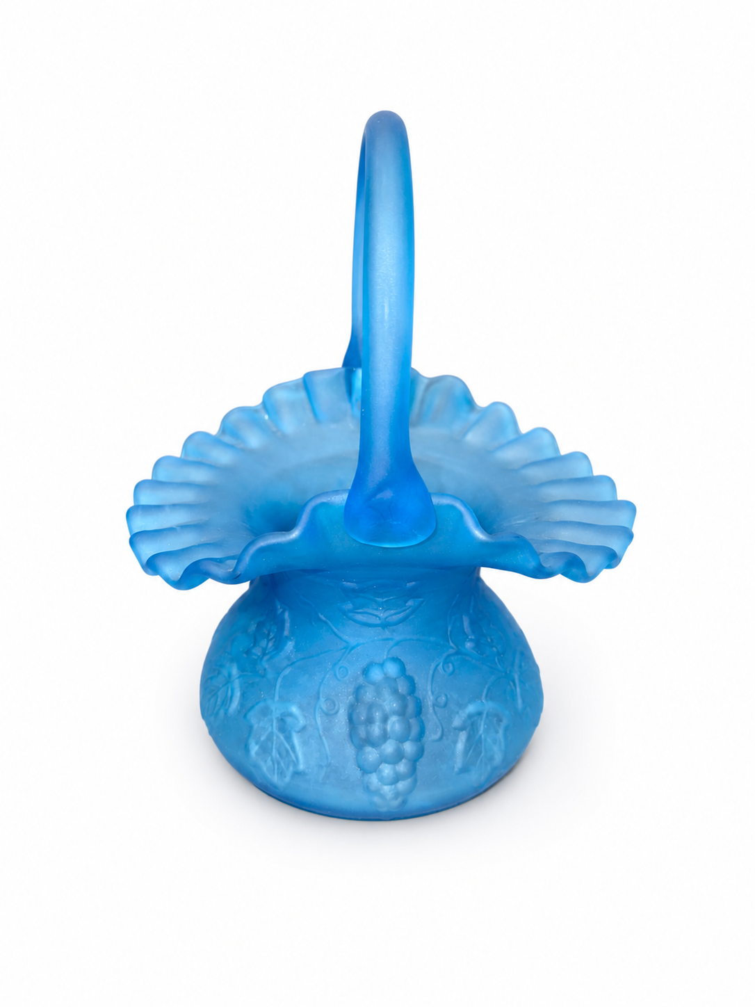 Vintage Blue Satin Glass Basket / Fenton-Style Ruffled Handled Candy Dish Vase