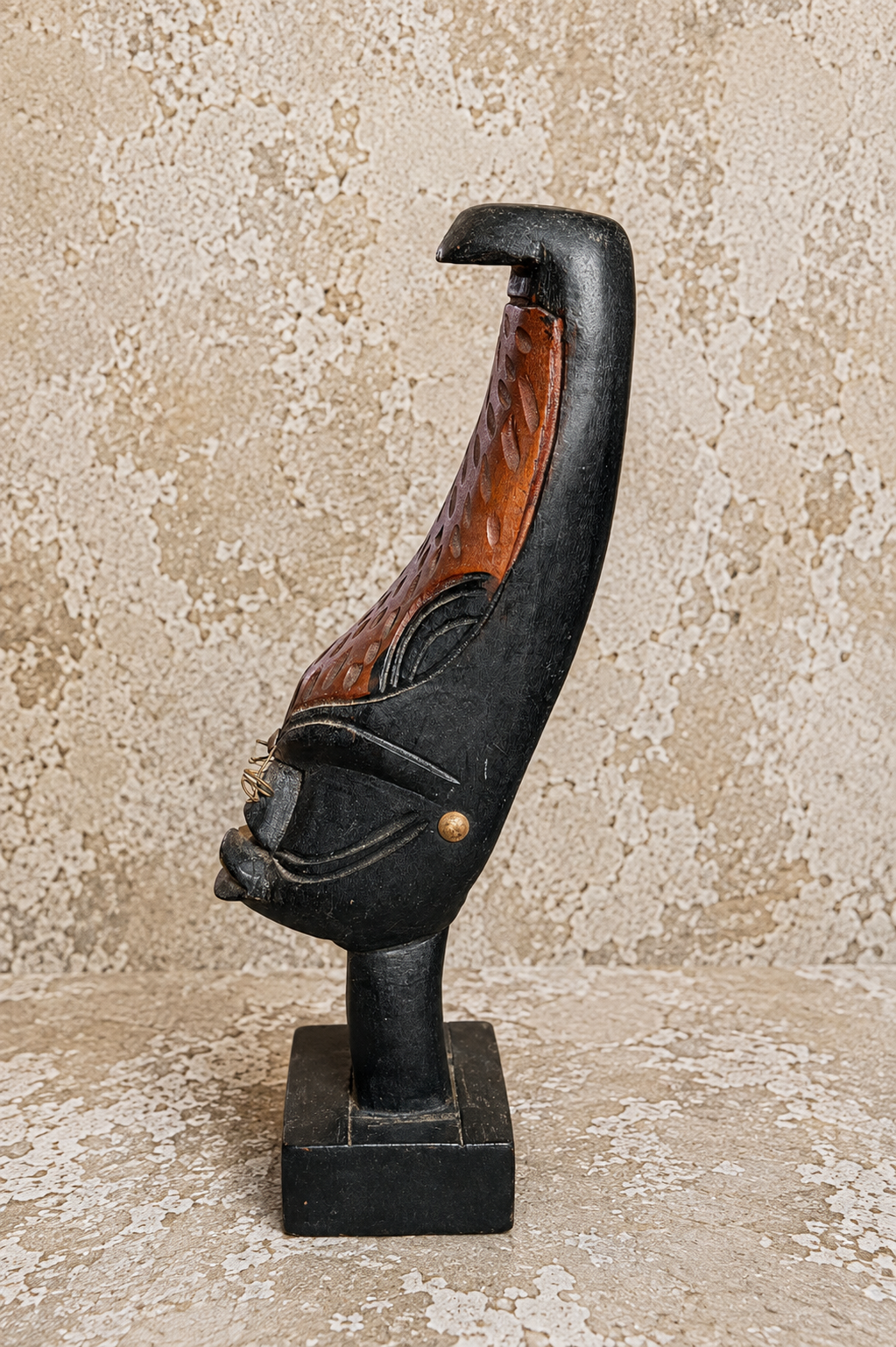 Vintage Hand-Carved Wood Face Sculpture – 11” Black & Brown Tribal-Inspired Figurine