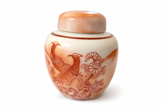 Vintage Asian-Inspired Porcelain Ginger Jar – Peach & Coral Floral Bird Design – Lidded Decorative Vase