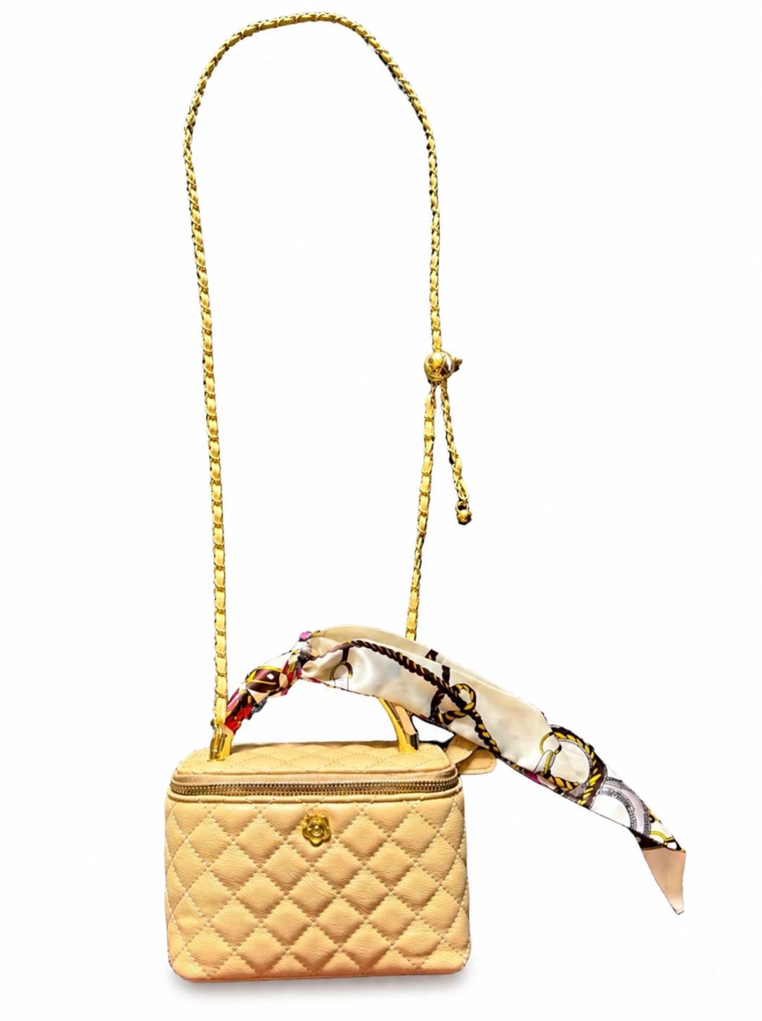 Quilted Mini Vanity Bag with Gold Chain Strap & Silk Scarf Accent