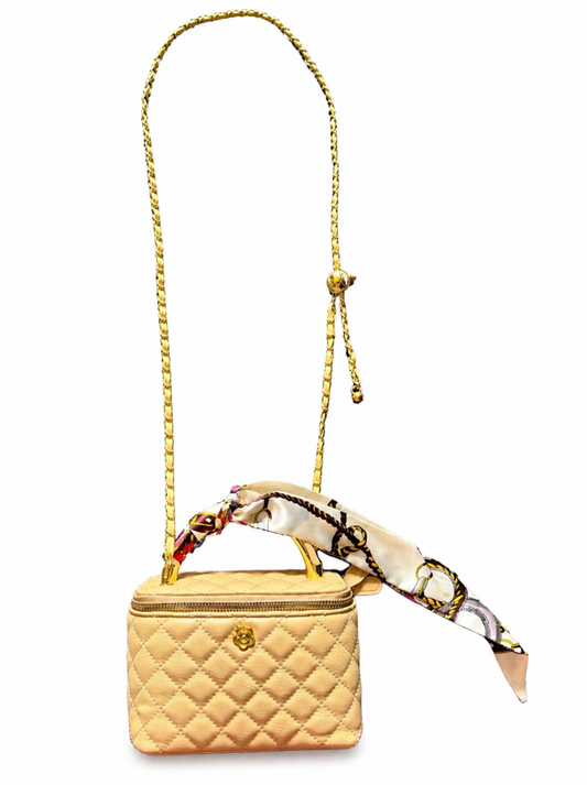 Quilted Mini Vanity Bag with Gold Chain Strap & Silk Scarf Accent