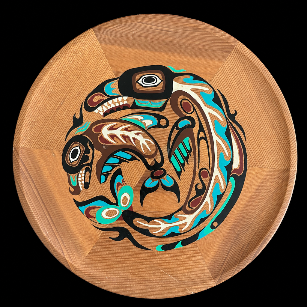 Rare Set: 2 Vintage Pacific Northwest Coast Cedar Art Plaques - Bear Mother & Killer Whale Folklore