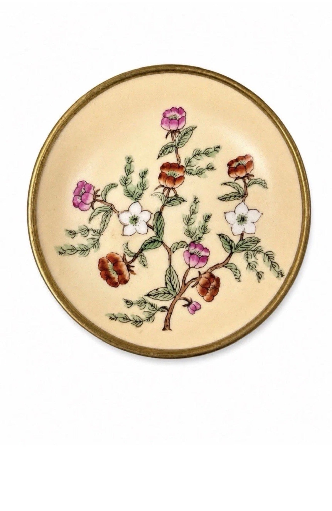 Vintage Japanese Decorative Porcelain Plate Set with Brass Rims – Crane & Floral Designs – Wall Display – Pair of 2